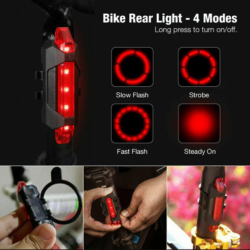 USB Rechargeable LED Bicycle Light โ Powerful, Rainproof & Safe Front & Rear Cycling Lamp